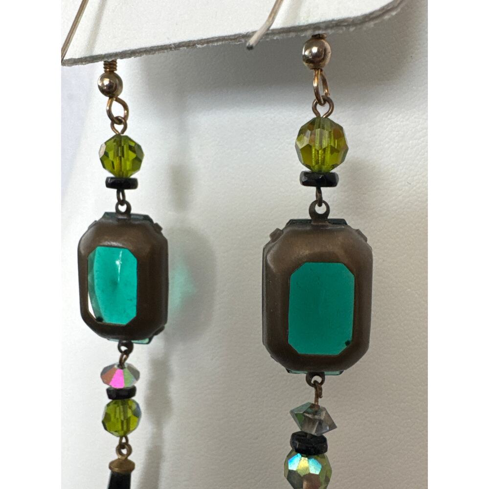 1990s–2000s Teal Glass & Onyx-Style Drop Earrings - Picture 3 of 11